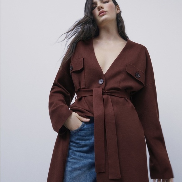 Zara Brown Knit Trench Coat with Belt - Picture 3 of 16